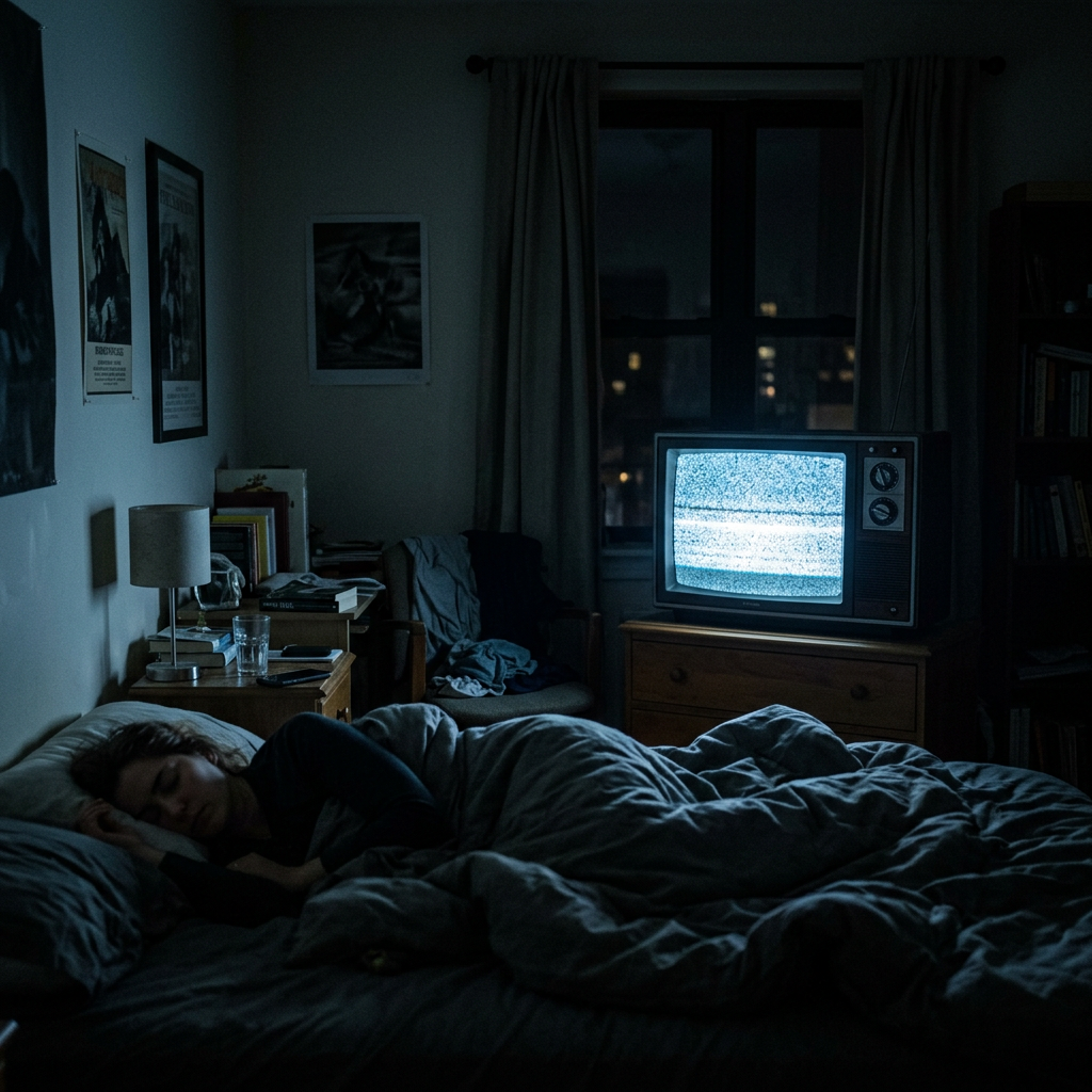 Person sleeping in bed with covered blanket, vintage TV displaying static in dark room